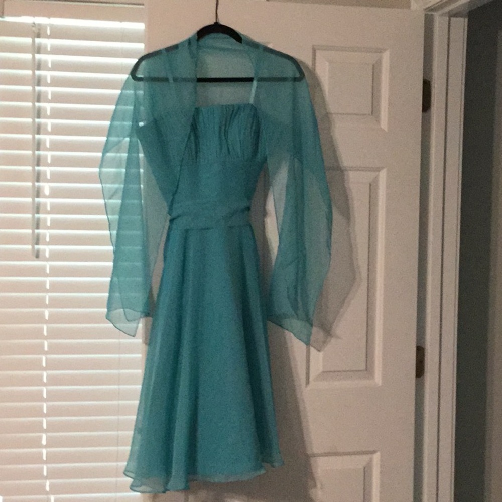 Teal strapless formal dress with belt and shawl